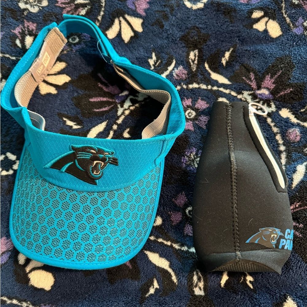 NFL Carolina Panthers Visor and bottle koozie.  Adjustable NC Hat Charlotte Blue